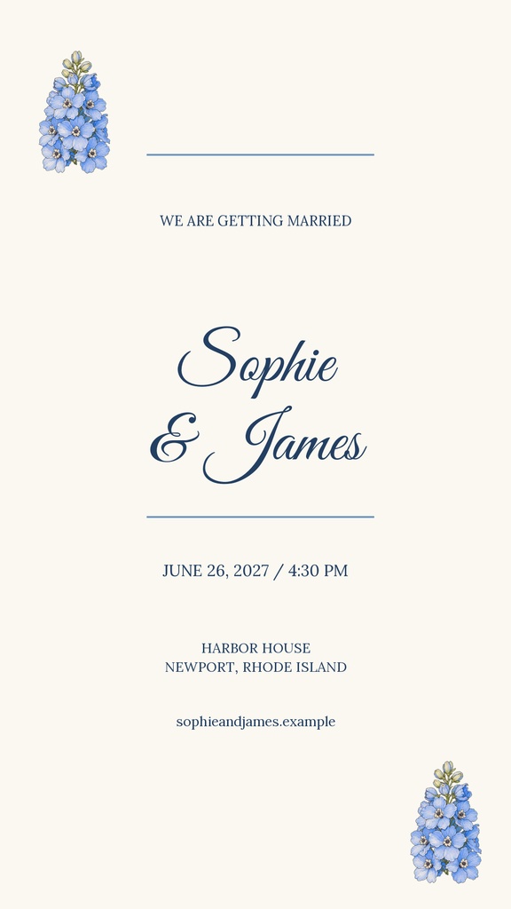 Portrait wedding story template with blue floral accents and centered couple names and details.