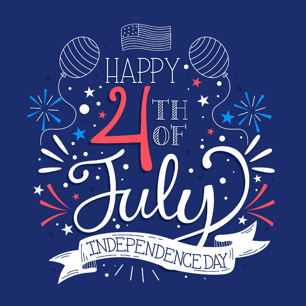 Happy 4th of July Independence Day graphic with fireworks and balloons