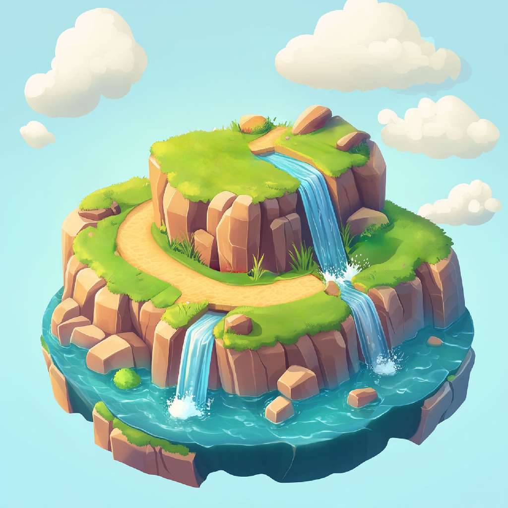 A cartoon-style floating island with green grass, rocky cliffs, and multiple waterfalls.