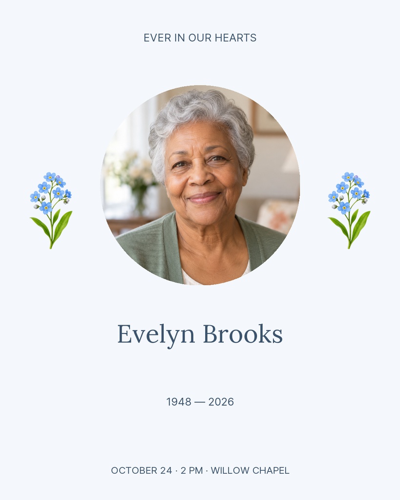 Memorial portrait template with blue flowers, a circular photo, and tribute text on a light background