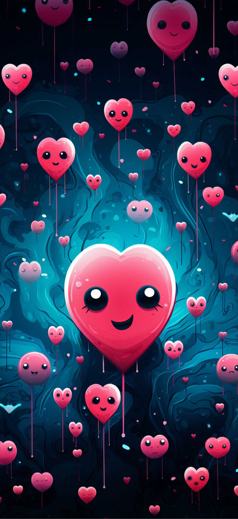 A large pink heart with a smiling face is centered, surrounded by smaller hearts with various expressions on a blue swirly background.