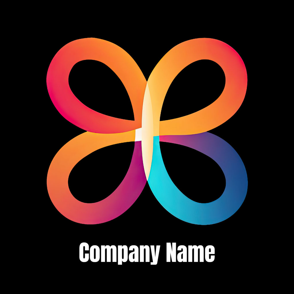 A stylized, four-petaled flower logo with a gradient color scheme transitioning from red to blue on a black background.