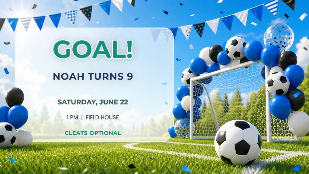 Soccer birthday invitation template with balloons, goal net, and a nine-year-old birthday message.