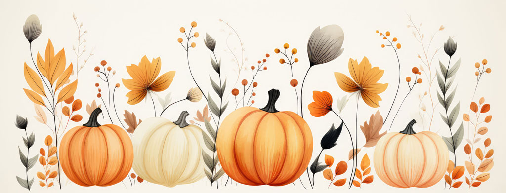 Four pumpkins in various shades of orange and white, surrounded by autumnal elements.