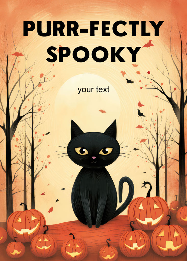 Black cat with yellow eyes sitting among carved pumpkins on a Halloween night