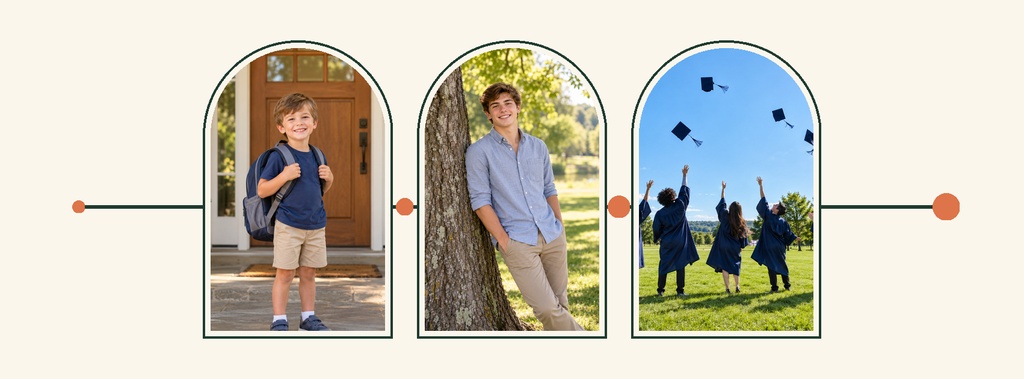 Landscape page cover with three framed graduation photos on a light background