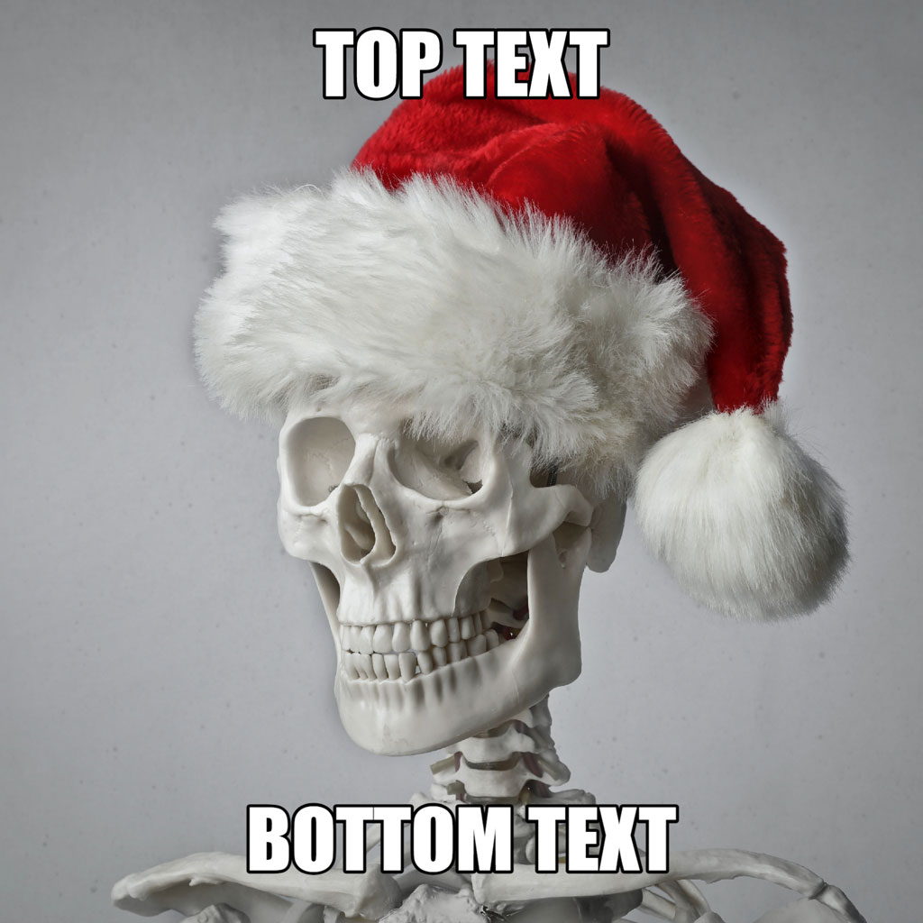 A white skeleton wearing a red Santa hat with white trim, against a gray background.