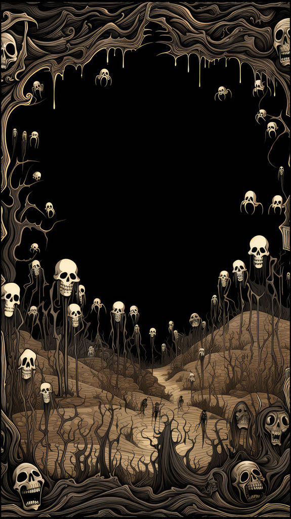 An illustration of skulls emerging from the ground in a desolate landscape.