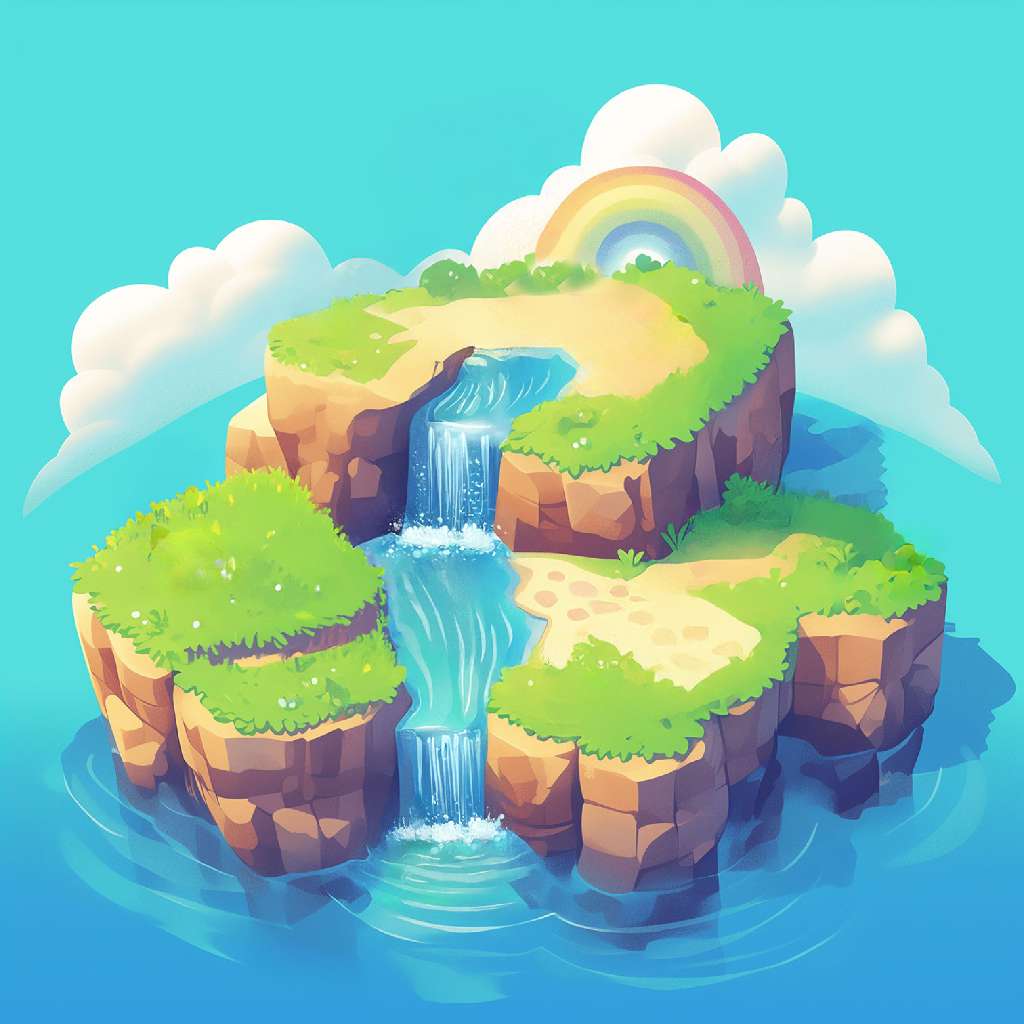A cartoon-style floating island with a waterfall cascading into the ocean below, surrounded by a rainbow and fluffy clouds.