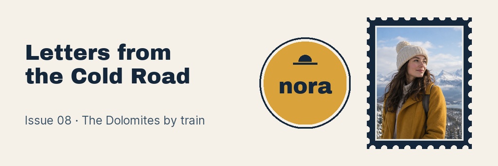 Winter travel banner with the text Letters from the Cold Road, a circular Nora logo, and a portrait photo.