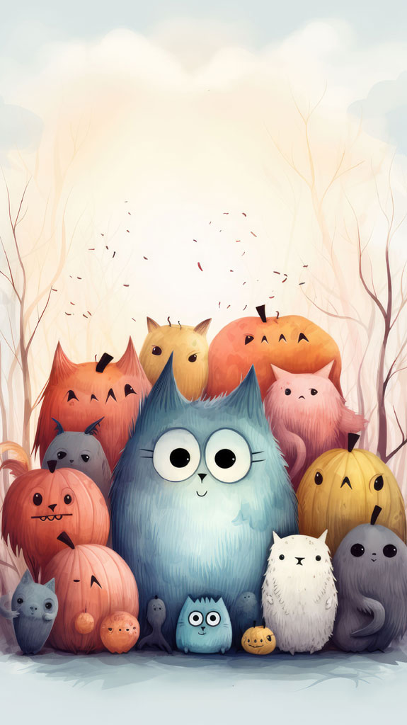 A blue creature surrounded by various creatures and pumpkins