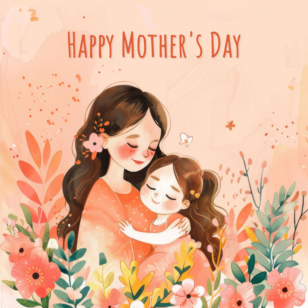 Illustration of a mother hugging her daughter with flowers around them