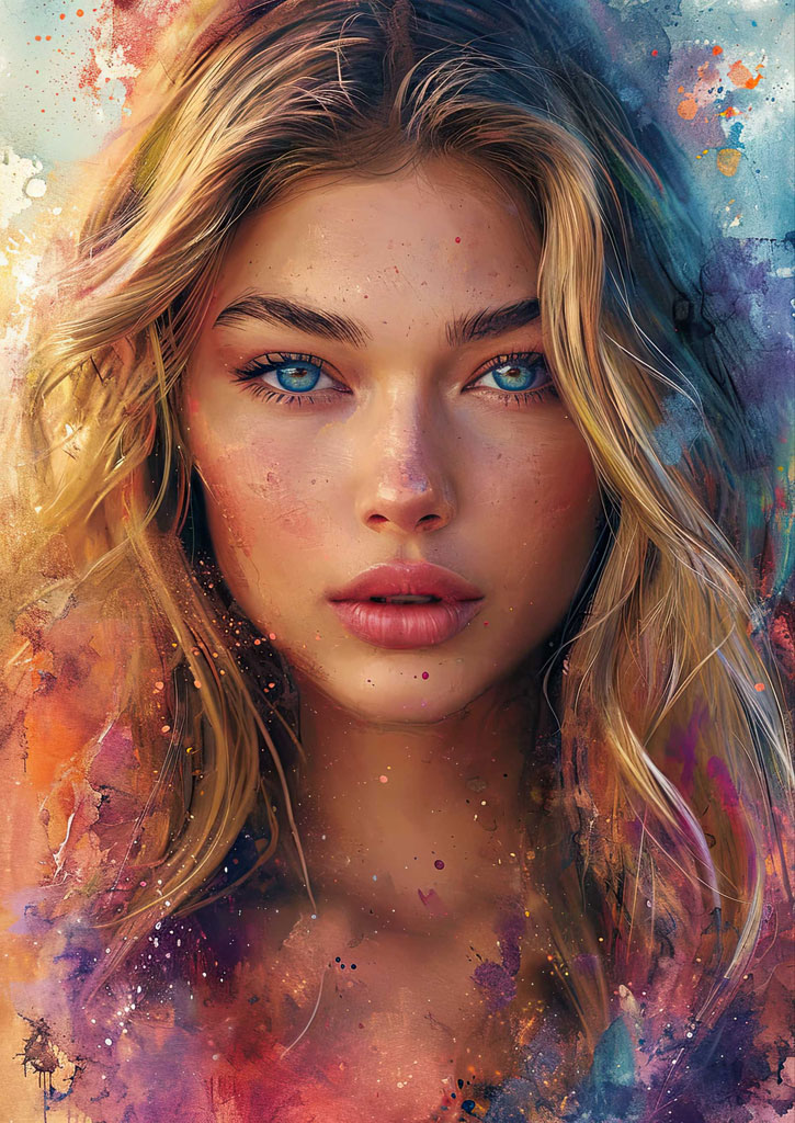 A close-up portrait of a young woman with blue eyes and blonde hair, surrounded by a vibrant and colorful background.