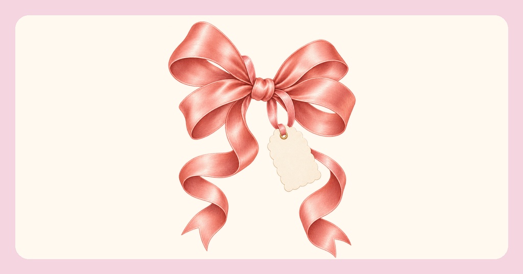 Pink ribbon bow with hanging tag on a soft cream background and pink border