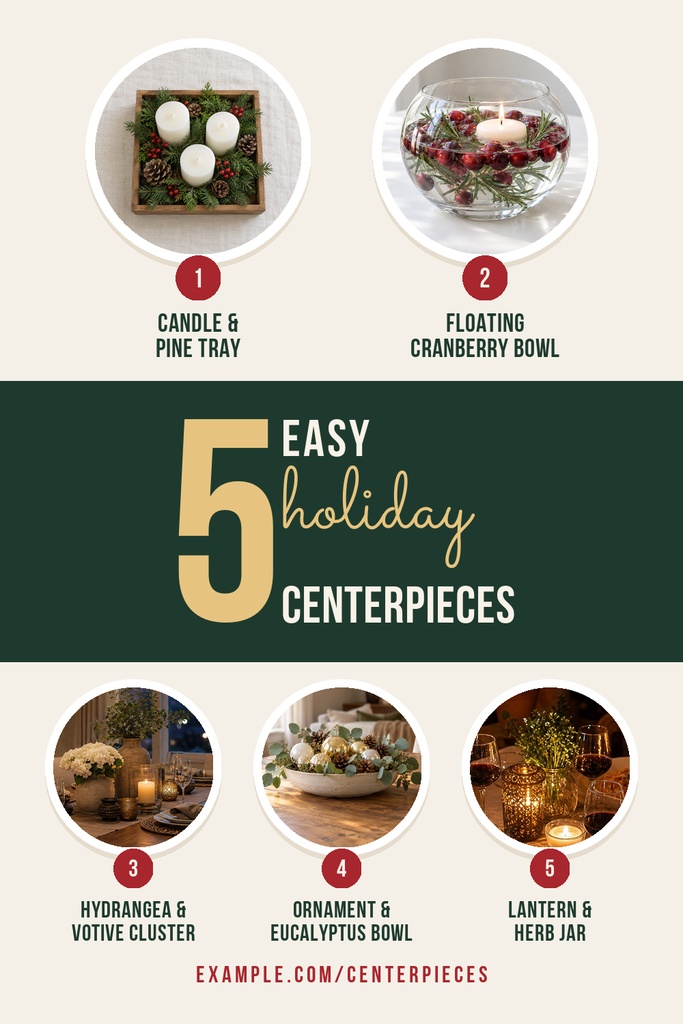 Pinterest pin design showing five holiday centerpiece ideas with photos and numbered labels.