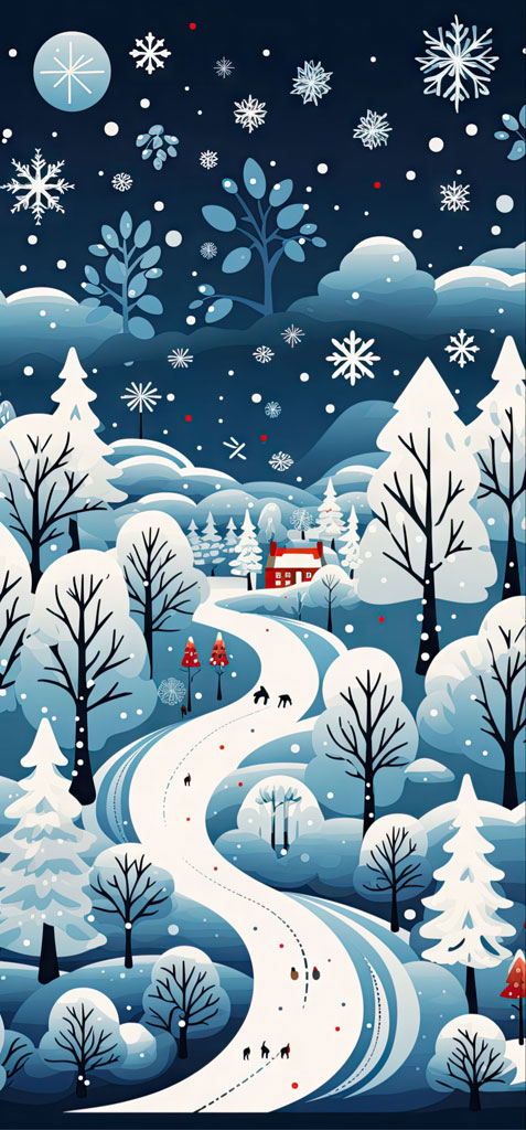 Illustration of a snowy landscape with people walking on a road.