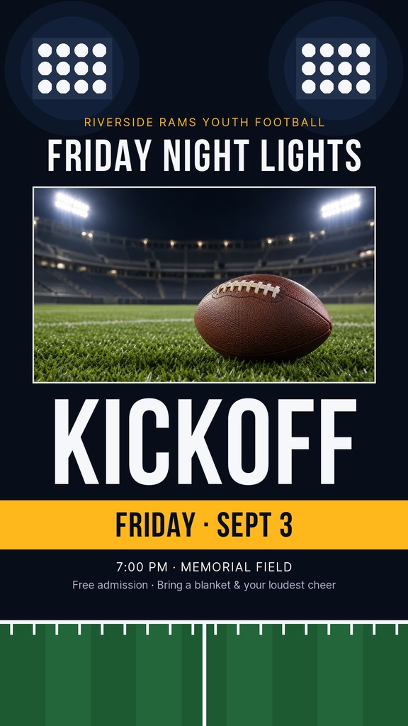 Portrait football game day poster with stadium lights, a football on the field, and kickoff text.