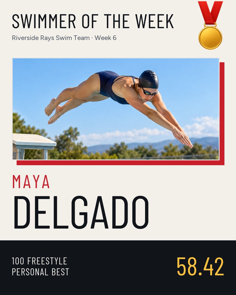 Swimmer of the Week portrait post featuring a diving swimmer, medal icon, and bold name text.
