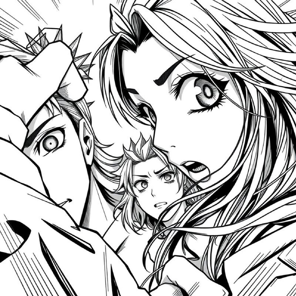 Manga illustration of three characters with intense expressions