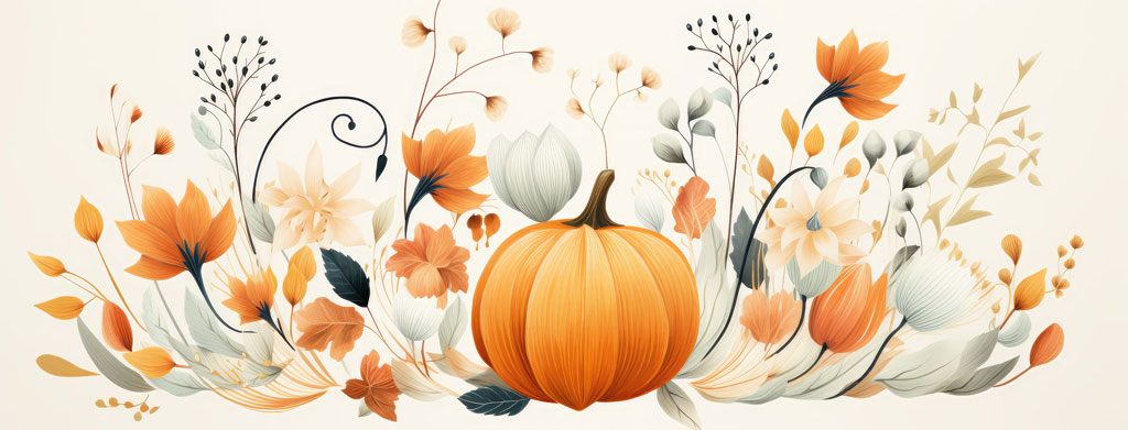 Watercolor-style autumn floral arrangement with a central orange pumpkin