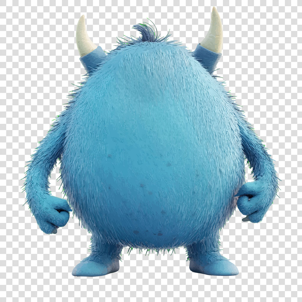 A blue furry monster with two horns and a big belly.
