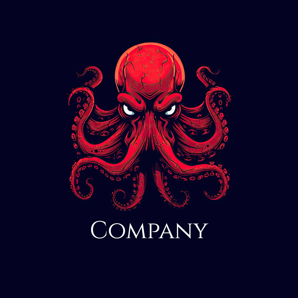 Red octopus logo on dark blue background