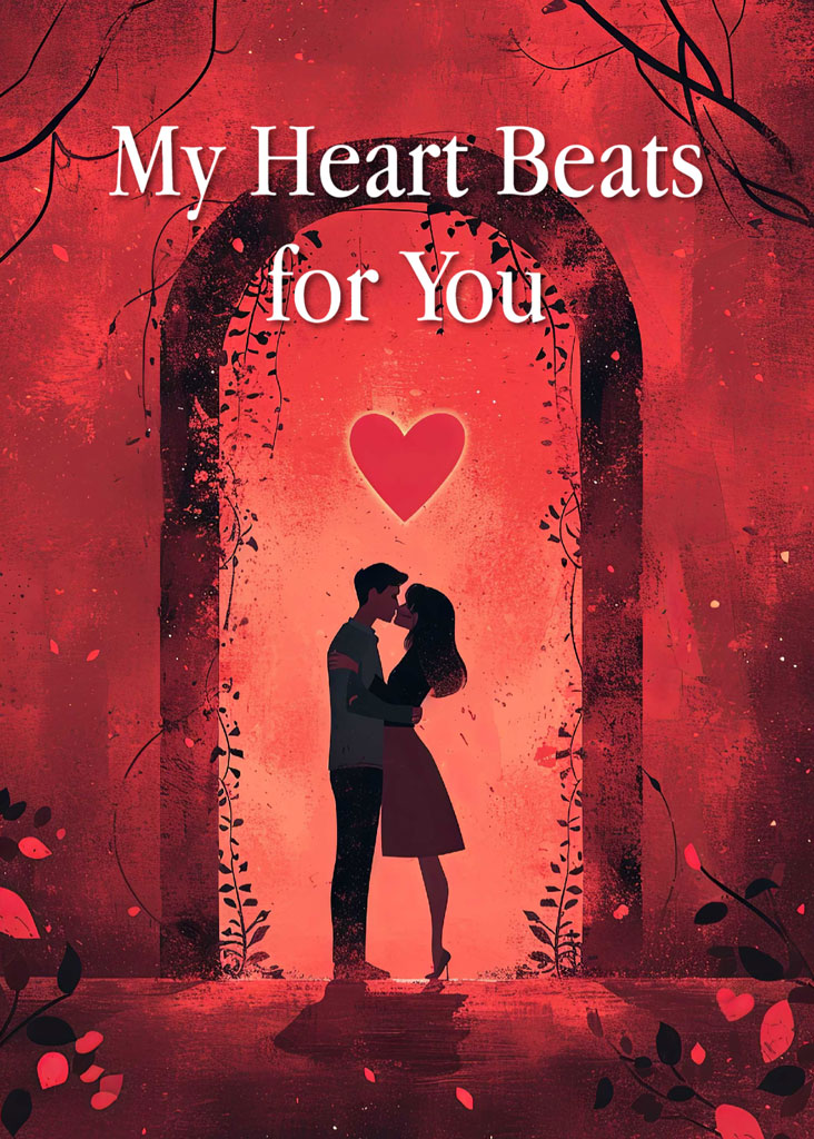 Couple embracing in a red-toned archway with a heart above