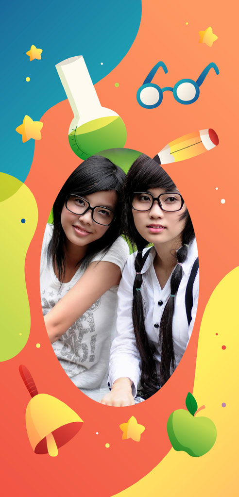 Two young girls with glasses posing together surrounded by educational icons