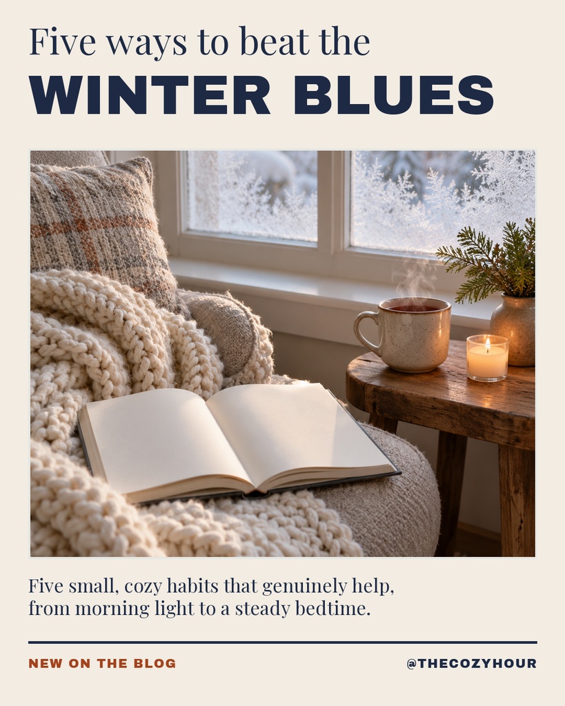 Portrait Instagram post with a cozy winter scene, open book, candle, and the headline winter blues.