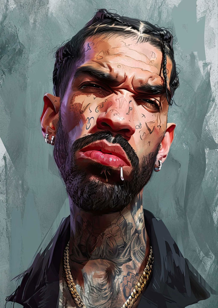 A close-up portrait of a man with tattoos on his face and neck, and piercings.