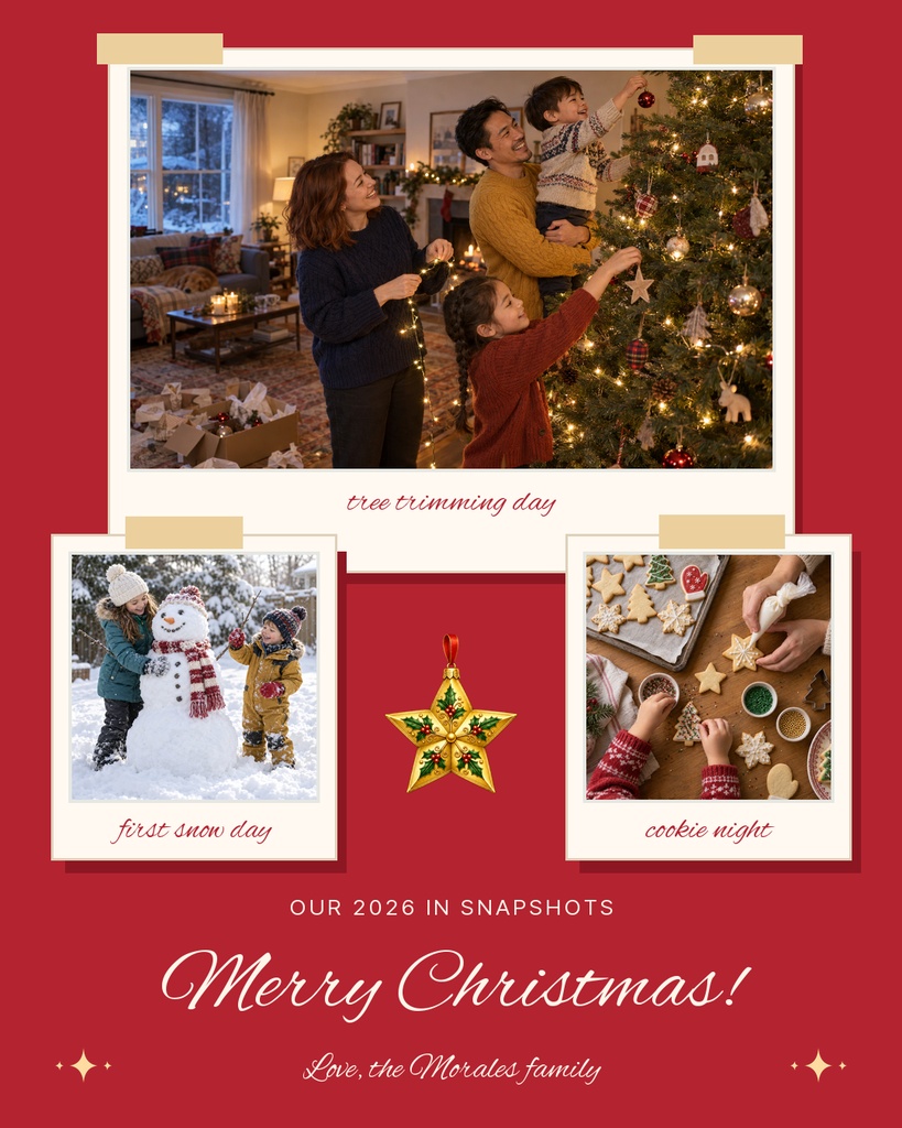 Red Christmas card collage with family photos, a star ornament, and festive holiday text.