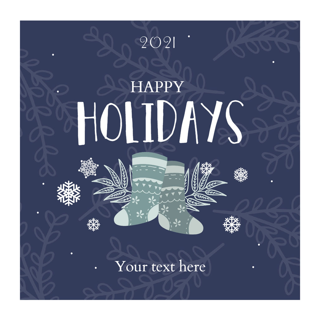 Holiday greeting card with mittens and snowflakes