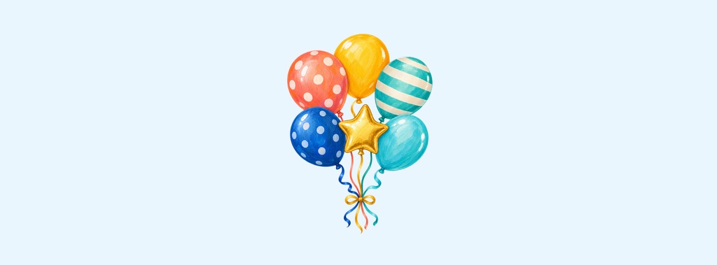 Colorful balloons and a gold star on a light blue background.