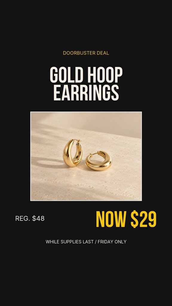 Black Instagram story sale design featuring gold hoop earrings and bold discount text.