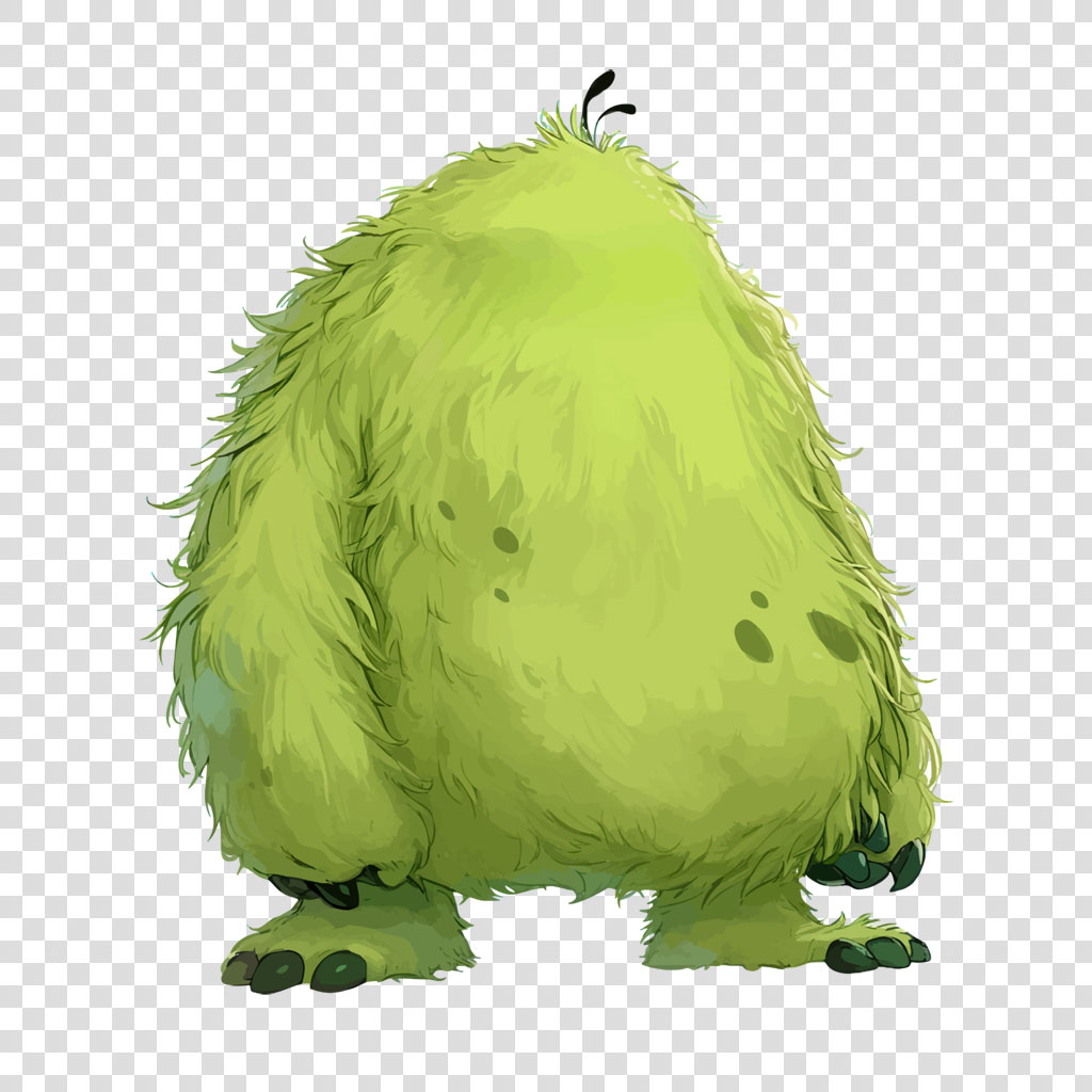 A green, furry, rounded creature with small legs and dark spots.