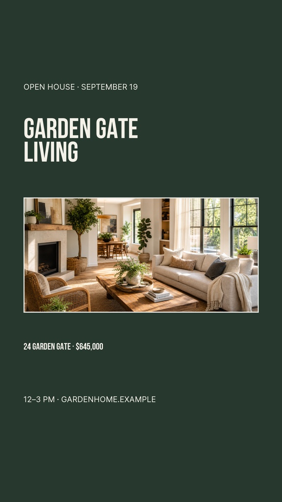 Portrait real estate story template with open house details and a living room photo