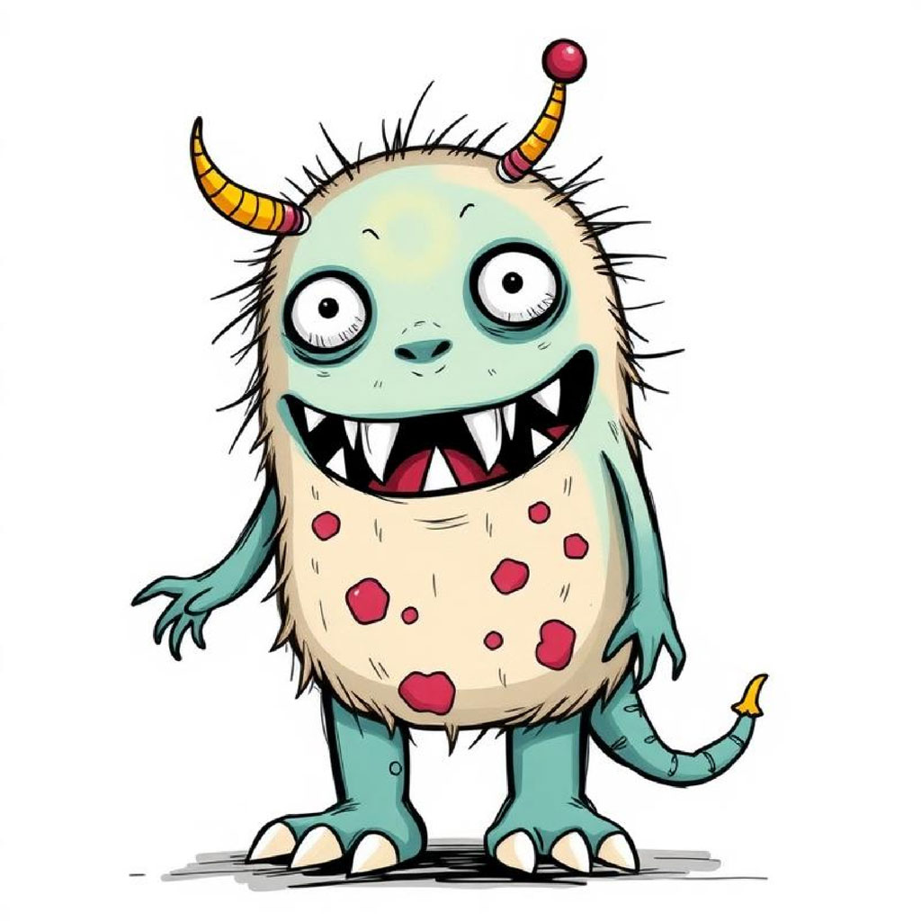 A cartoon monster with green skin, yellow horns, and red spots.