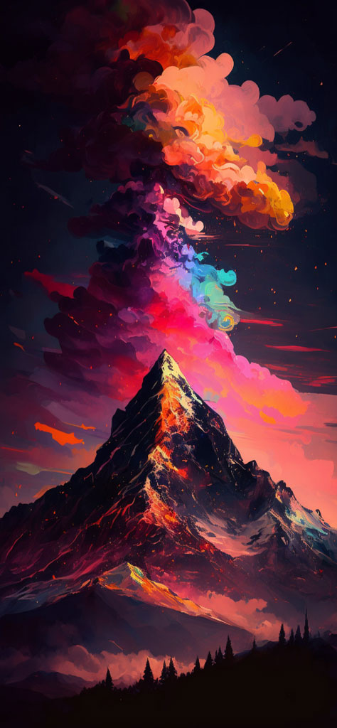 A digital painting of a mountain with a vibrant, multicolored eruption against a dark sky.