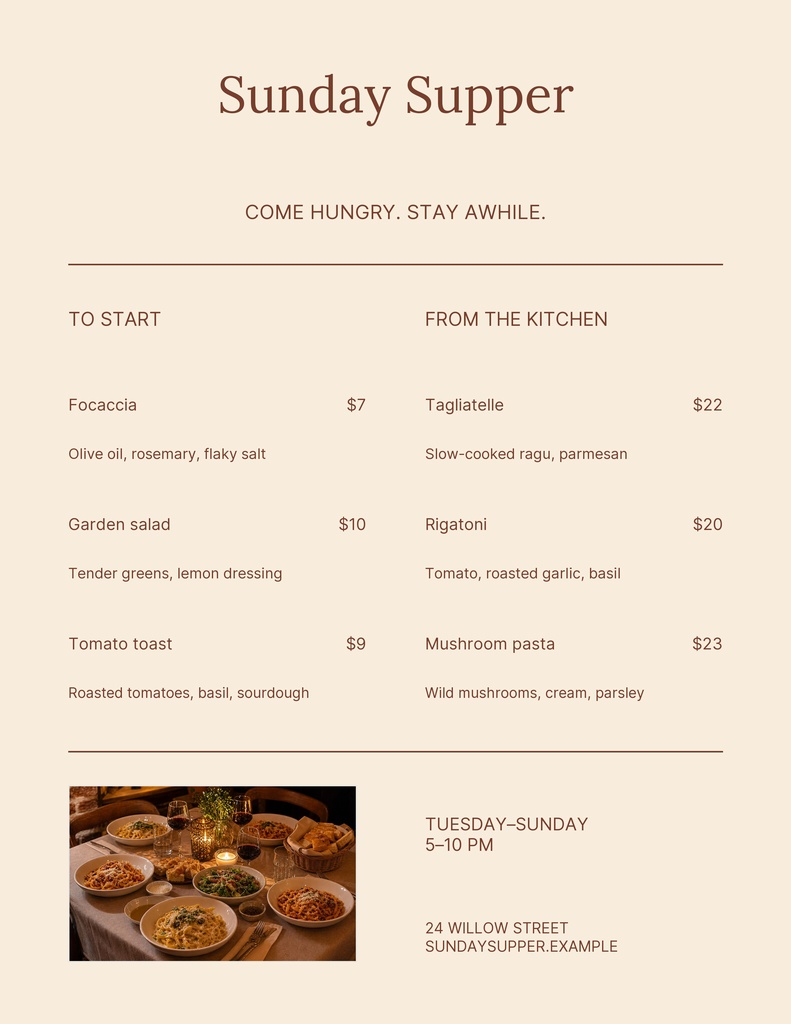 Preview for Sunday Supper Letter Menu / Price List Template