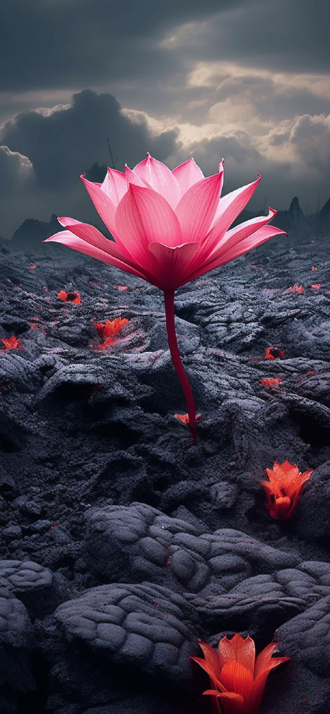 A large pink lotus flower blooming in a dark volcanic landscape with smaller red flowers and distant mountains under a cloudy sky