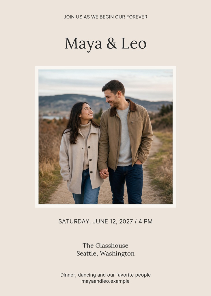 Portrait wedding invitation with a couple photo, names Maya and Leo, and event details on a beige background