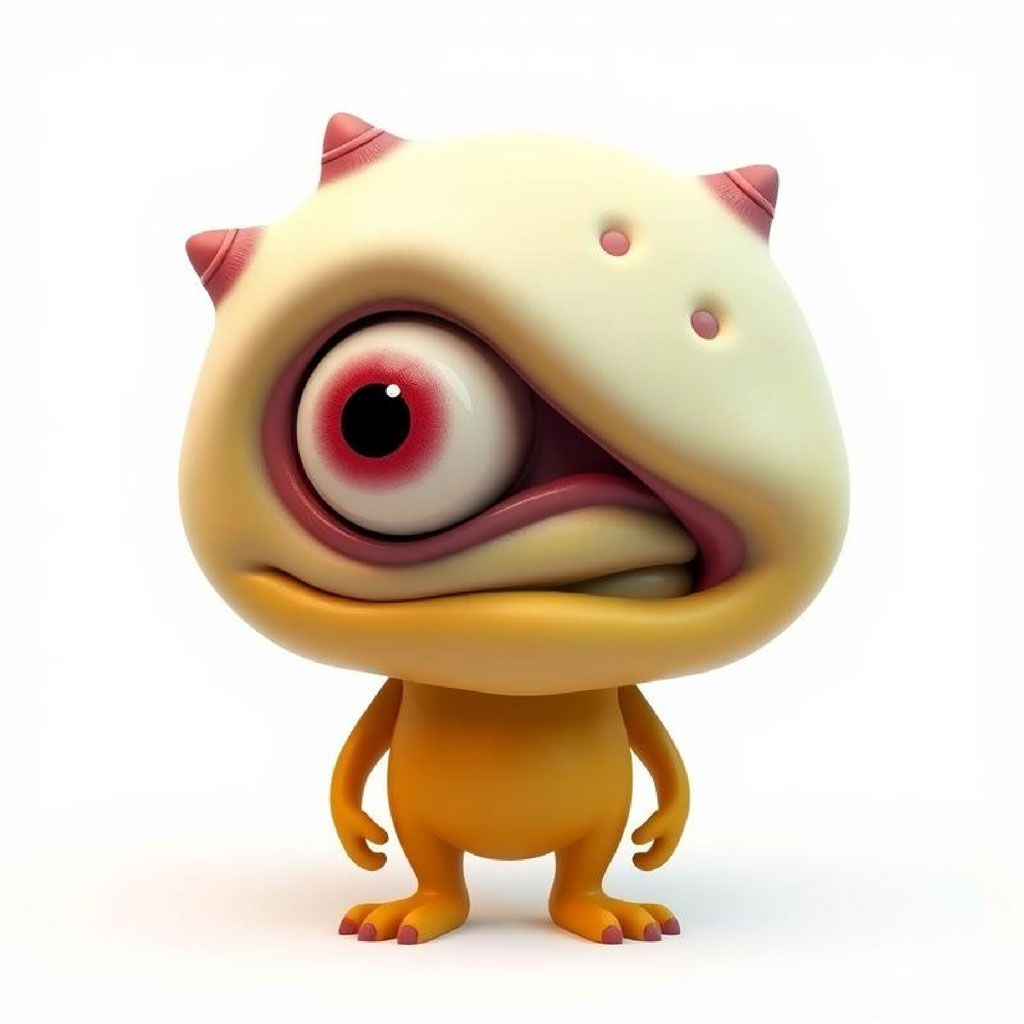 A cartoon monster with one large eye and pink spikes on its head