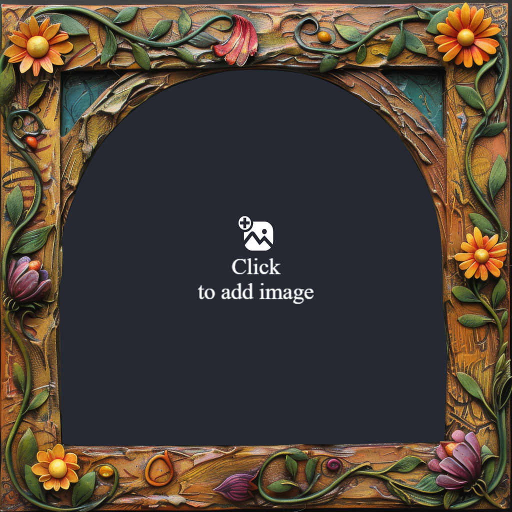 A wooden frame with a floral pattern and a black center