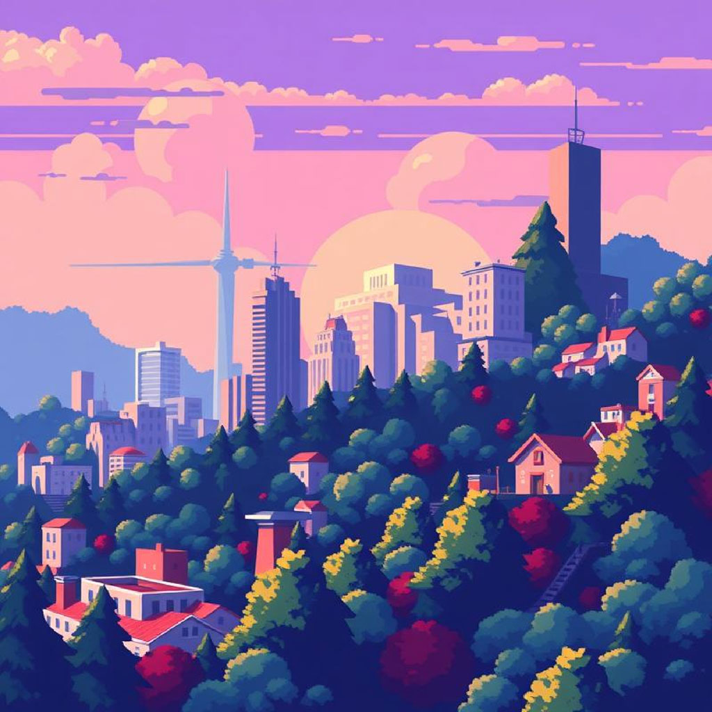 A stylized illustration of a city with tall buildings and houses amidst trees and foliage under a purple sky.