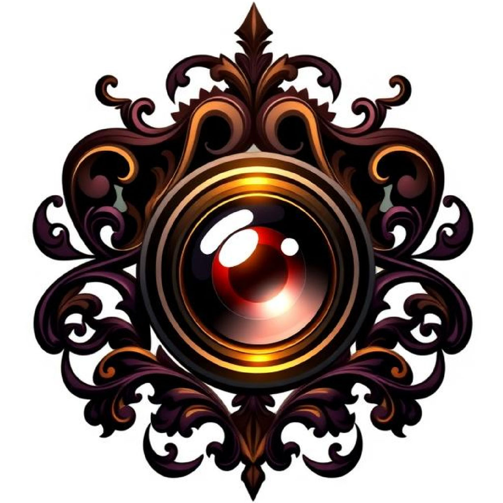 Ornate camera lens with decorative swirls and a red center