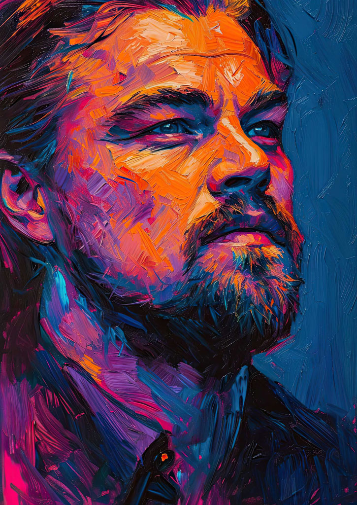 A close-up portrait of a man with a beard, painted in a vibrant and expressive style.