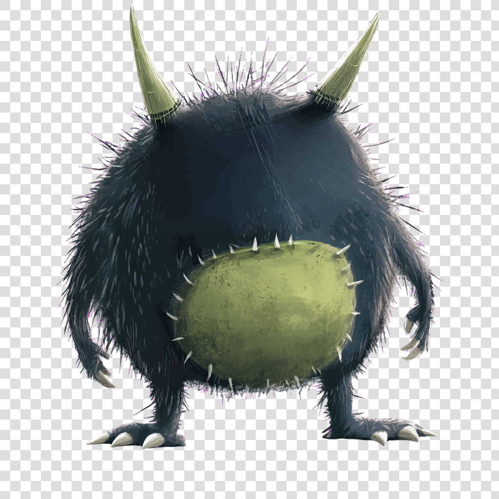 A cartoon monster with a black furry body and green horns