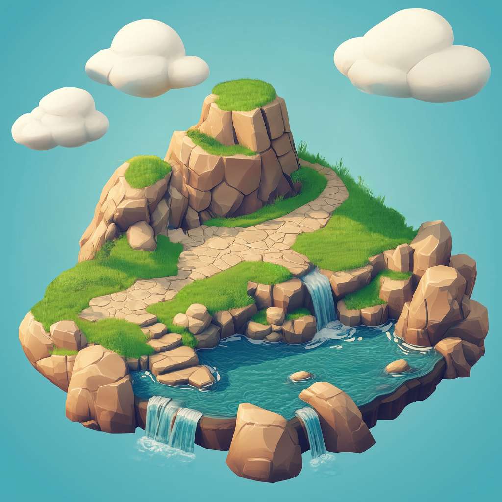 A 3D illustration of a small island with a pond and waterfalls.