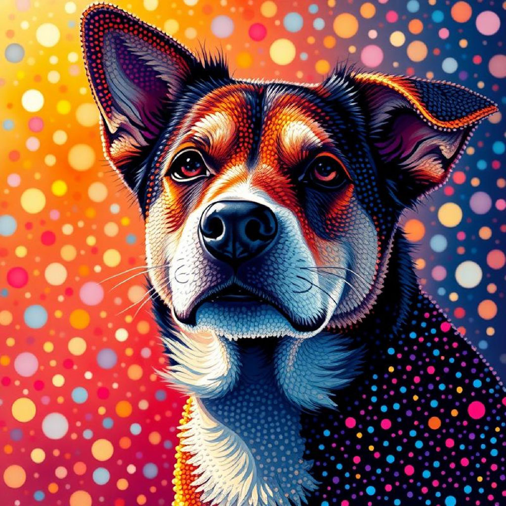 A digital illustration of a woman with brown hair and red lips against a colorful background.