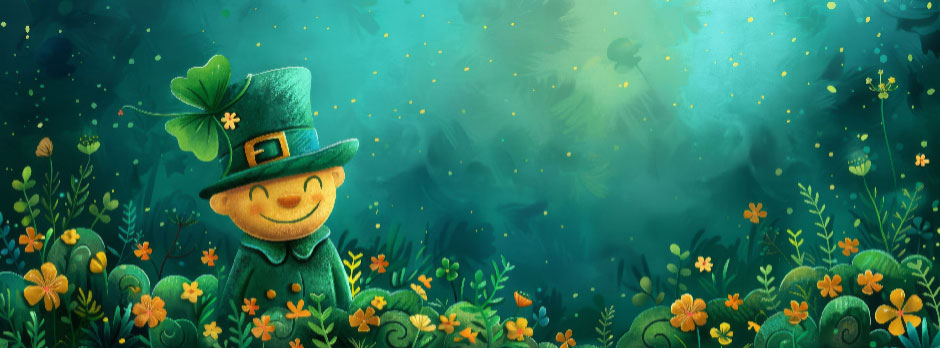 A smiling leprechaun in a green hat and attire standing amidst orange flowers and foliage.
